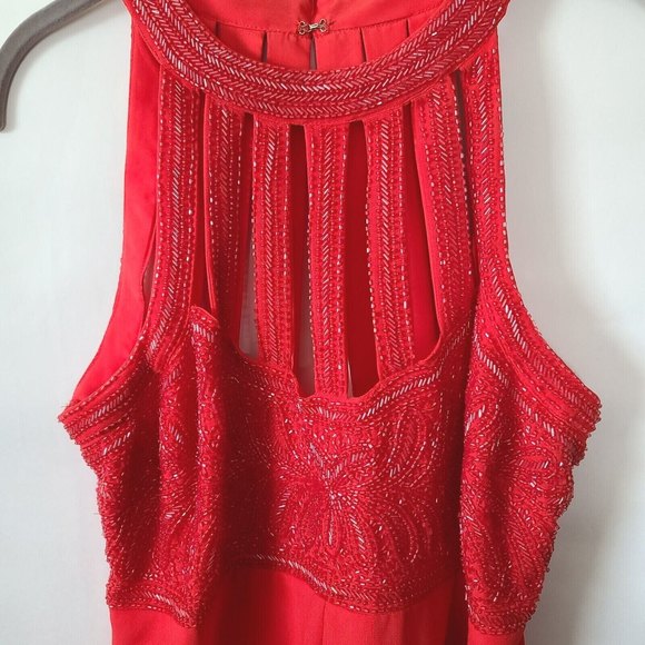 ASOS Sequined Halter Skater Dress Sz 10 Red Sleeveless Chiffon Fit Flare EUC - Picture 4 of 10